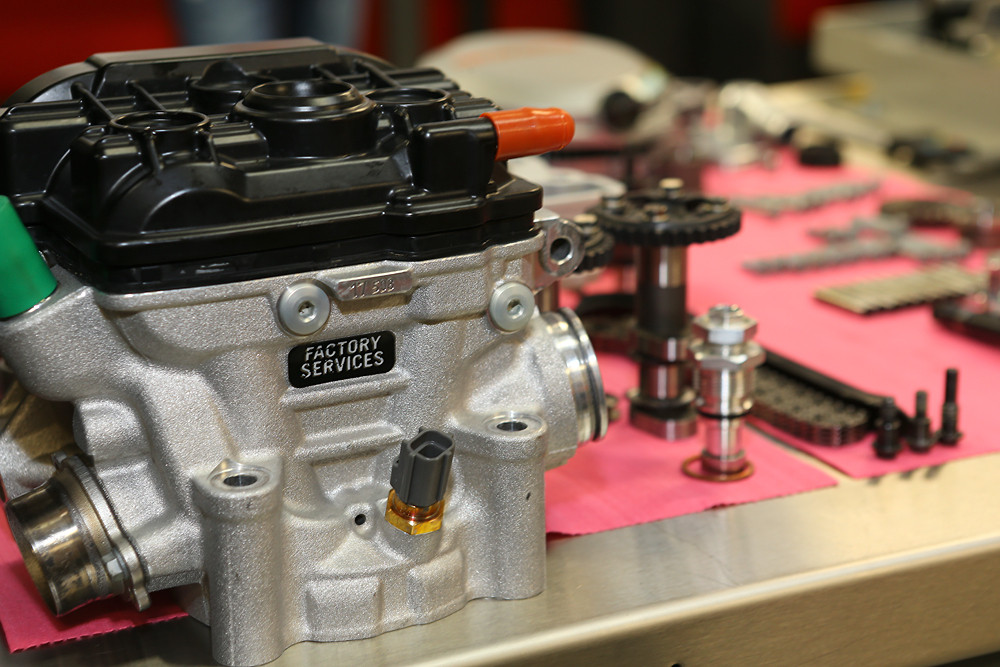 So what's the idea behind the KTM Factory Services engines? First off, they want to provide top quality, reliable engines, with a goal of zero DNFs. There are eight employees doing nothing but working on engines. They're all built in-house, with a base cost of $25,000 per year, plus parts. Teams don't touch the internals, other than changing oil and doing clutches.