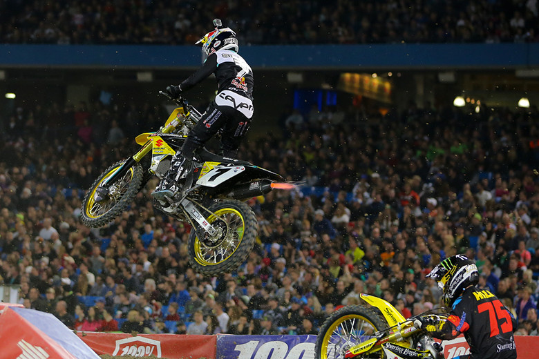 How hot was James Stewart in Toronto? Well, you could take a visual clue from the exhaust blast, or you could just check out that he blasted through the pack from 11th spot at the end of the first lap to take over the lead on lap 15 of the main event.