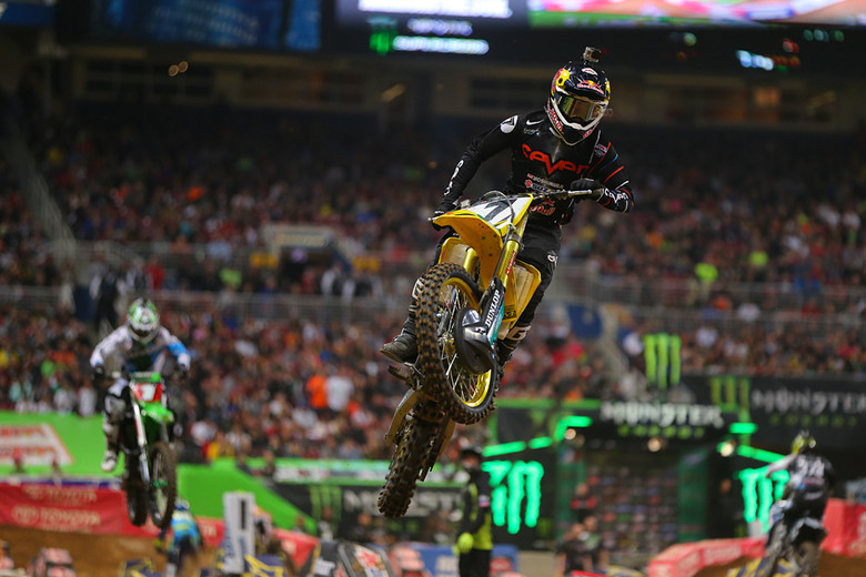 Your big winner from St. Louis? That'd be Yoshimura Suzuki Factory Racing's James Stewart, who took over the lead from Ryan Villopoto (Monster Energy Kawasaki) halfway through the 450 main to win his second straight, and fifth of the season.