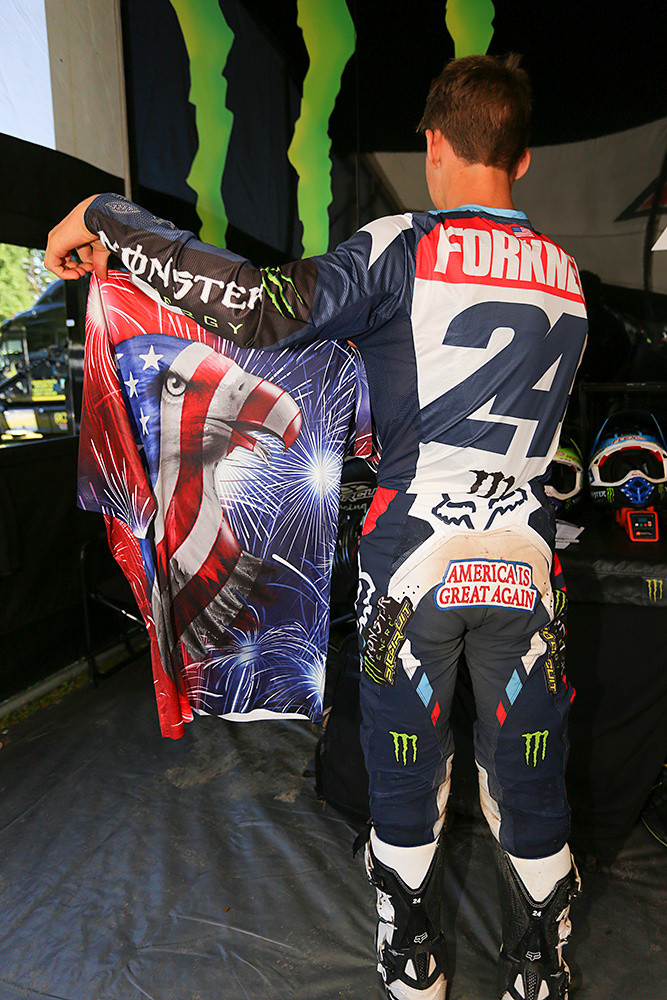 We dug Austin Forkner's butt patch...and the shirt is part of a red, white, and blue ensemble that he wore to the track.