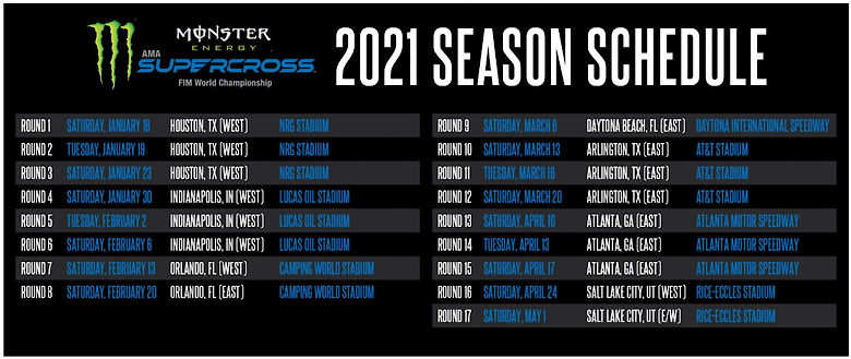 Complete Schedule Revealed for 2021 Monster Energy Supercross