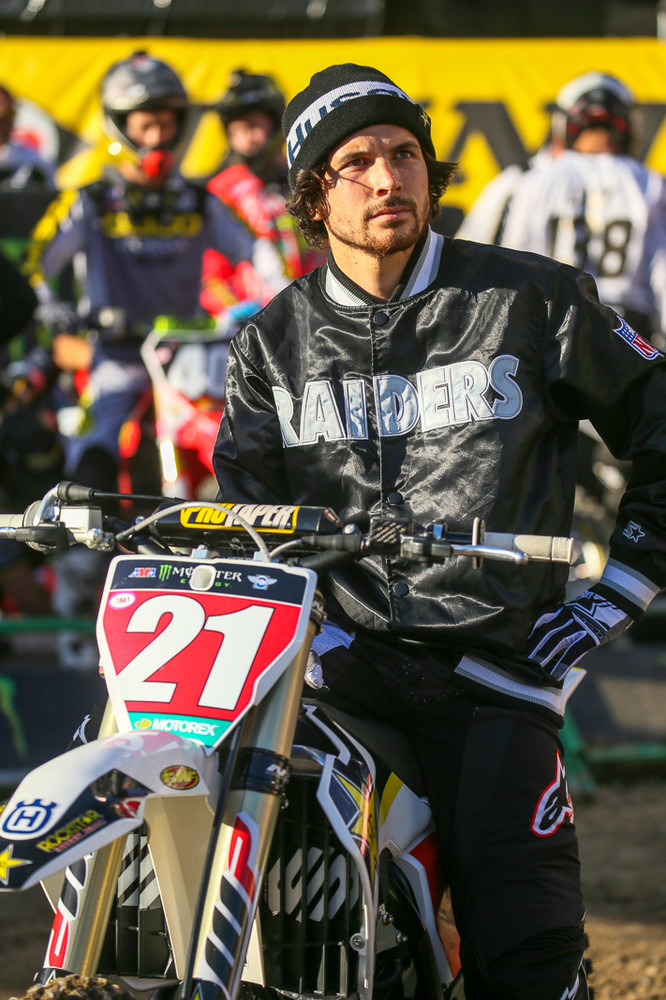 As we travel around the country, riders sporting the colors of the home teams is often a thing during opening ceremonies. Jason Anderson was holding it down for the Raiders in Oakland. He had a dirty crash in the early morning practice, where the bike pretty well ate him up. Fortunately, after crawling off, he checked out okay...but we know he was sore.