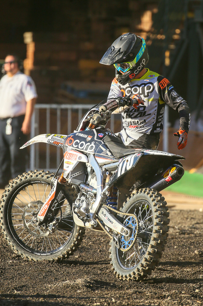 Michael Leib was riding in his first race of the year in Oakland. He went down hard in the whoops in his heat race, and then pulled off to kick the front end into something resembling straight.