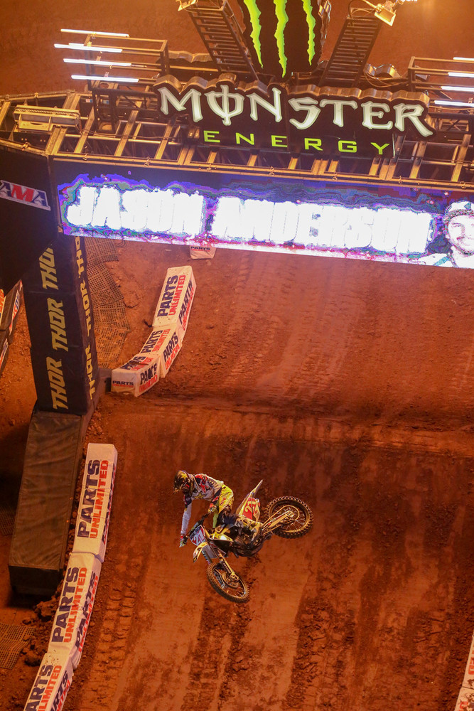 450 series points leader Jason Anderson has been both lucky and good so far this season, mostly avoiding the pitfalls that have hampered some of his competition. Oh, that view? We took a stroll onto the catwalk above the stadium floor for a bit of pre-race and racing action.