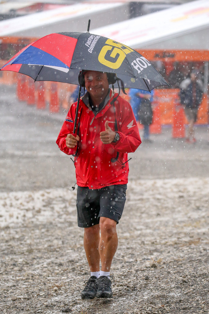 The riders and crews awoke to a thunderstorm that moved in over the area, dumping a bunch of rain in a short amount of time. It was a great day for ducks...and GEICO Honda Team Manager, Dan Betley.