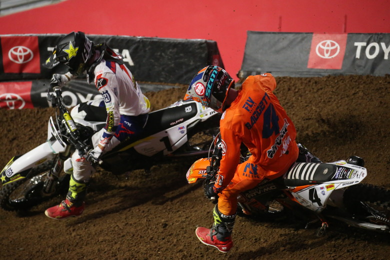 Blake Baggett caught Jason Anderson late in the race and made the pass for the lead. Baggett went on to win the Main Event.