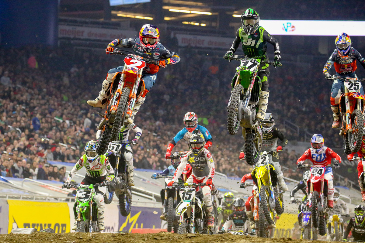 Cooper Webb grabbed the holeshot in the second 450 main and led the first five laps...before Eli moved by him and into the lead.