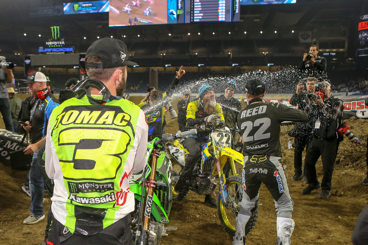 How about some champagne shenanigans? Both Eli Tomac and Cooper Webb gave Chad Reed an appreciative blast.