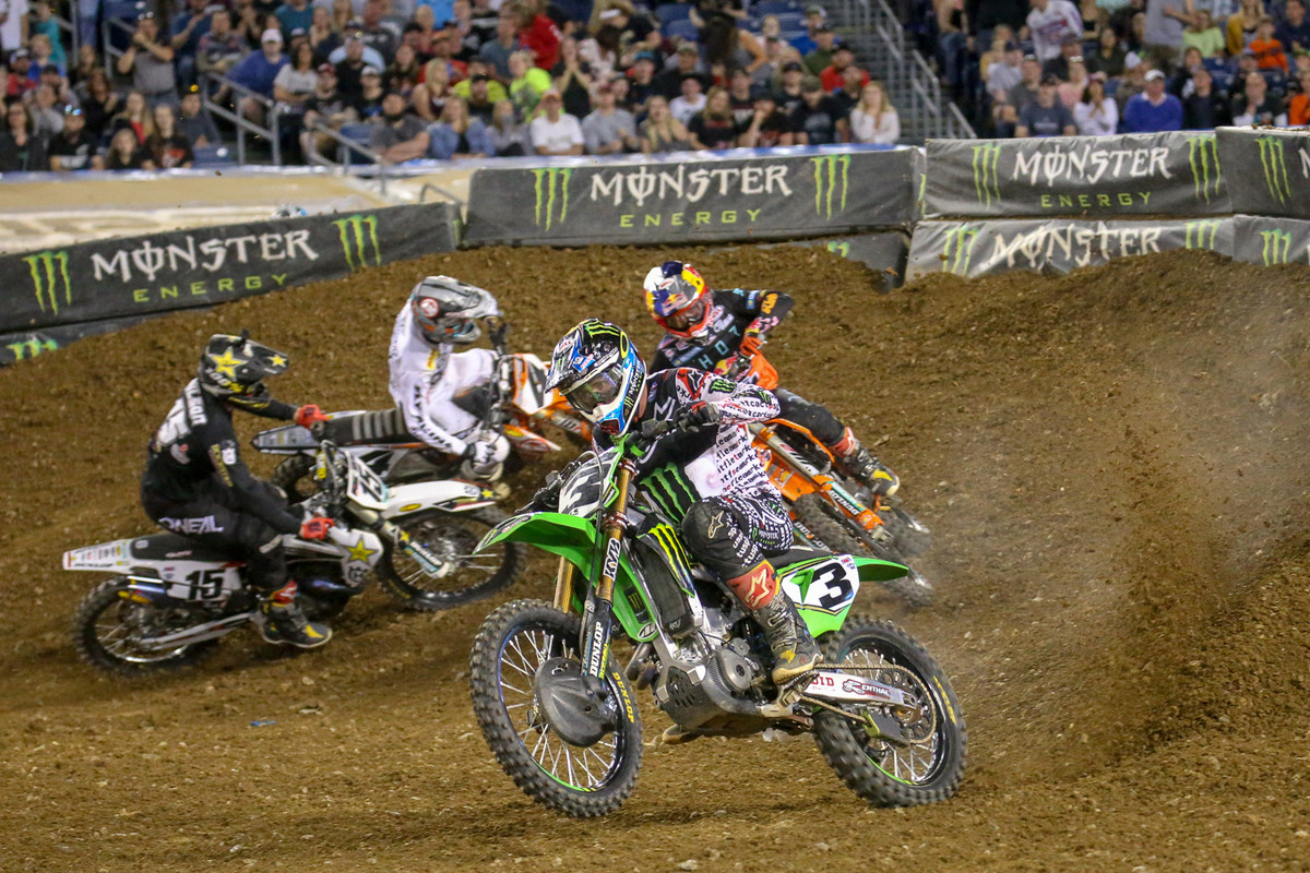 Check out this cluster of riders. Yep, Eli Tomac's bike was showing some smoke in the main (which hasn't been entirely unusual this season). And yeah, it's coming from a vent tube.