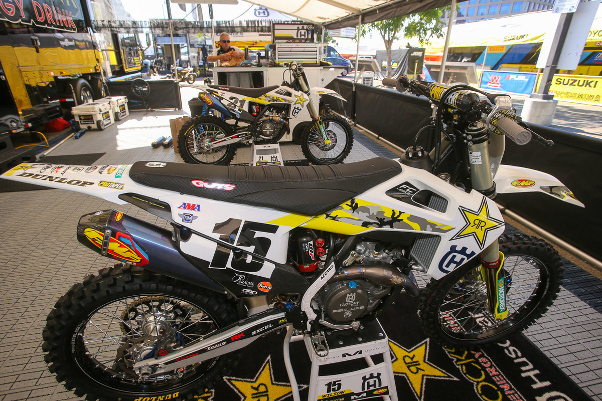 The Rockstar Energy Racing Husqvarna squad doesn't usually play along, but added some camo to their graphics this year. Well, either that, or it's ebola under a microscope.