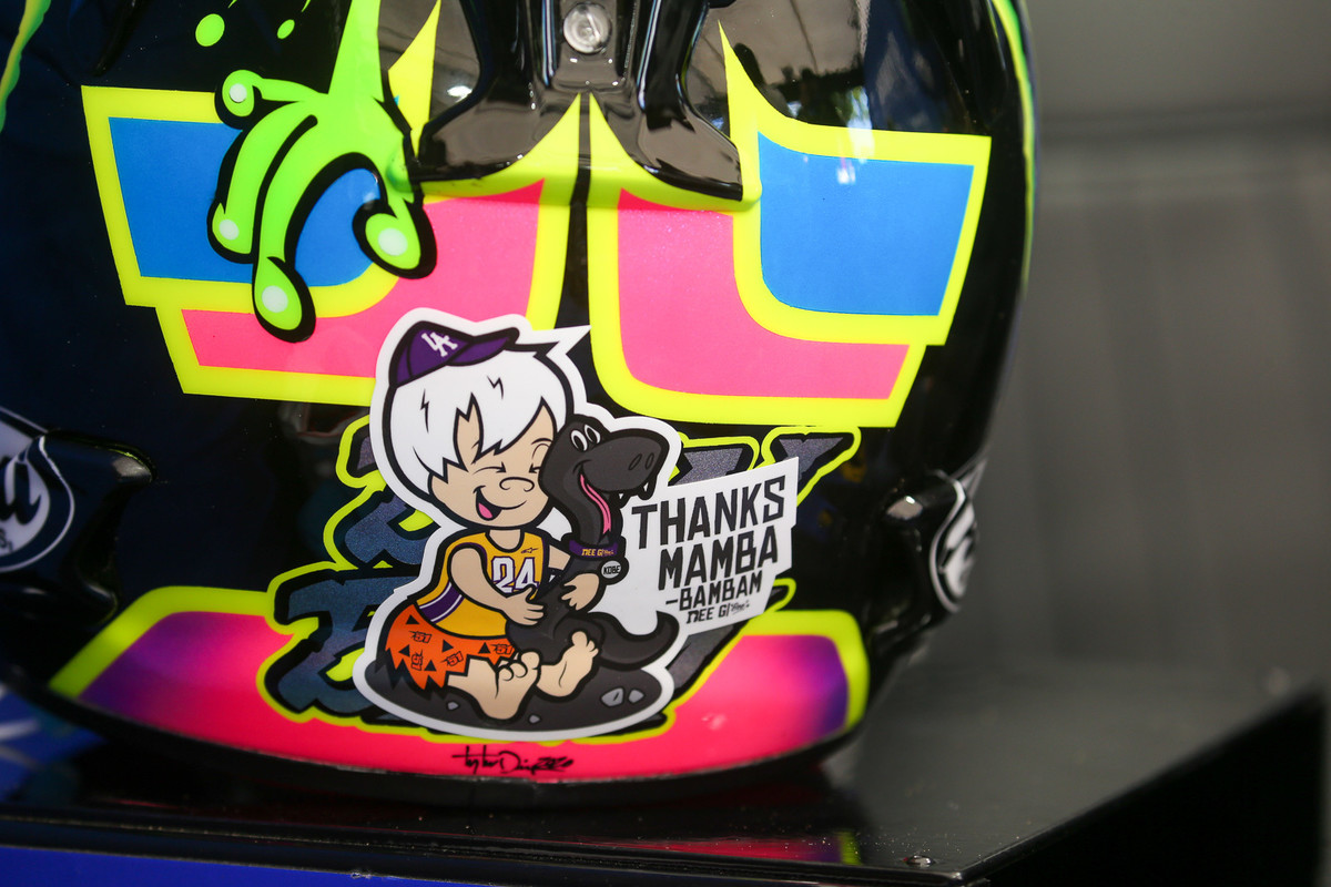 How about a bunch of random goodies? We keep finding Mamba nuggets. This one's on the back of Justin Barcia's helmet. Our athletes definitely respected Kobe.
