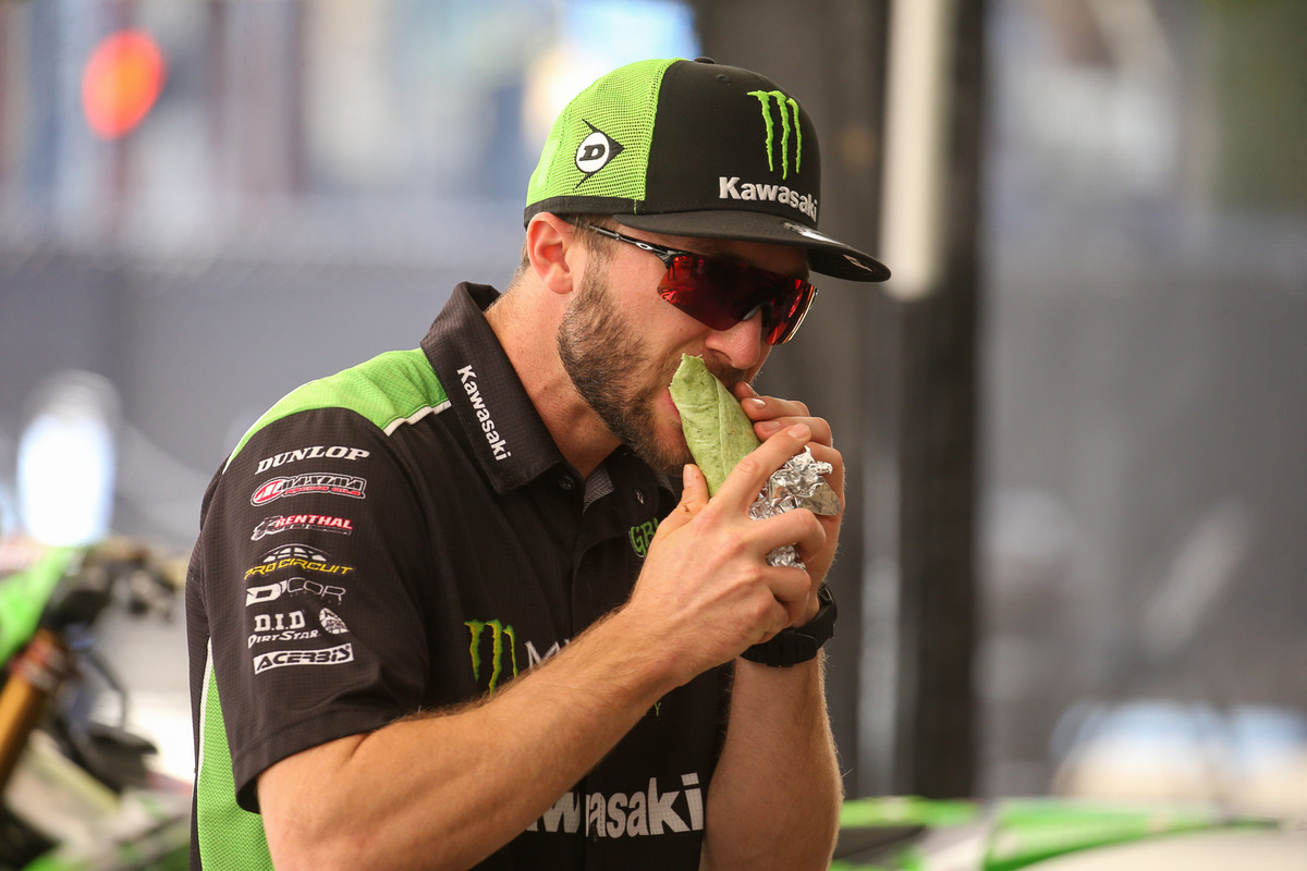 Over at Monster Energy Kawasaki even the burritos come in team colors.