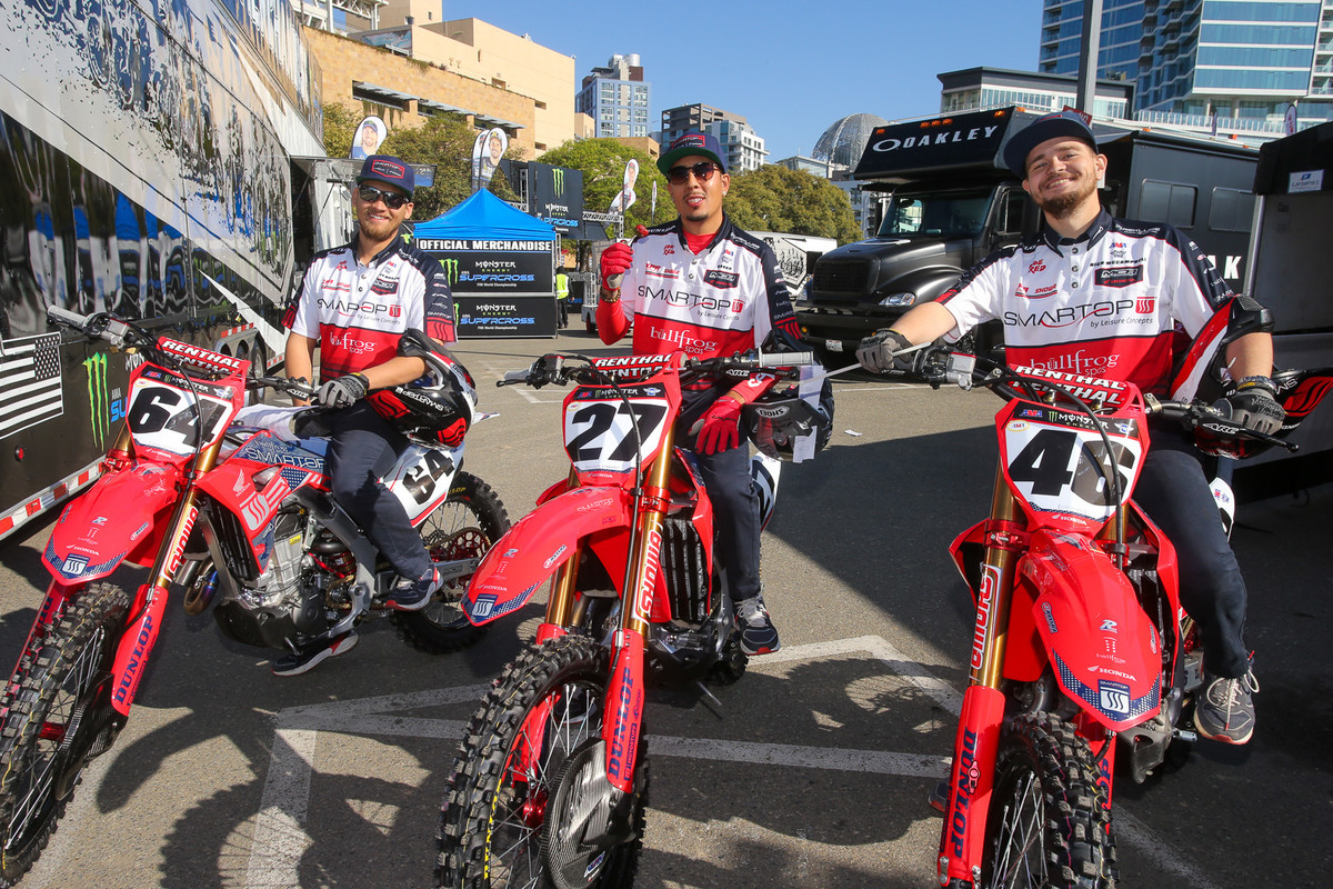 Rolling three deep, it's the Smartop MotoConcepts Racing wrenching crew of Aaron Mrozek, Jason “Rango” Montoya, and Nick McCampbell.