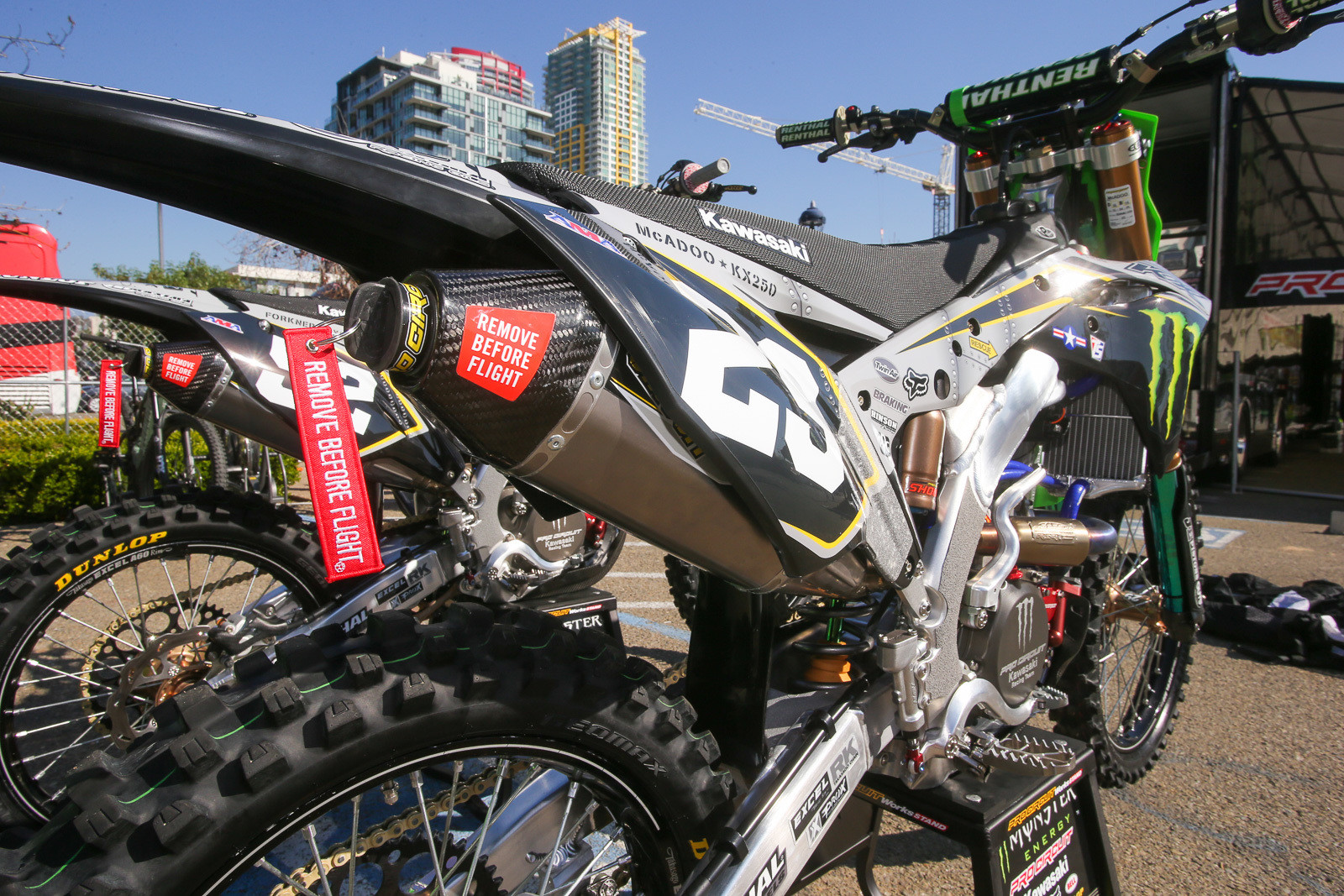 Monster Energy Pro Circuit Kawasaki knocked it out of the park with their design. The steel plate look on the graphics had a bunch of other nice touches, including the Remove Before Flight exhaust plug.