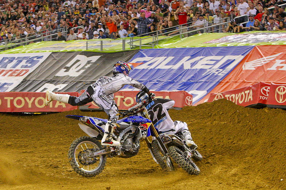 Just before the halfway point in the main, Stewart started swapping through the whoops, and collected Chad Reed. Both bikes were pretty well damaged, and after remounting, James ended up fourth, and Reed mustered a ninth after losing a spot to another crash on the last lap.