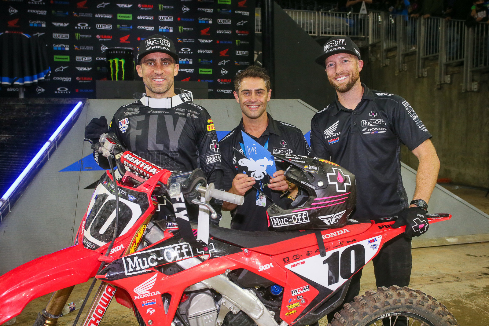 Justing Brayton, Muc-Off Honda Team Owner Yarrive Konsky, and JB's longtime mechanic, Brent Duffe.